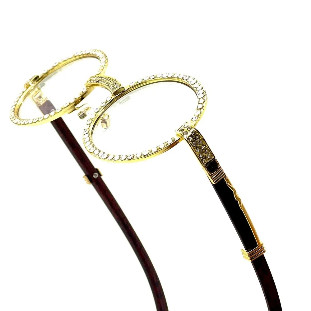 Rhinestone Glasses Oval Clear‎ Lens Gold Frame Wood Arm Fashion Eyewear Lentes